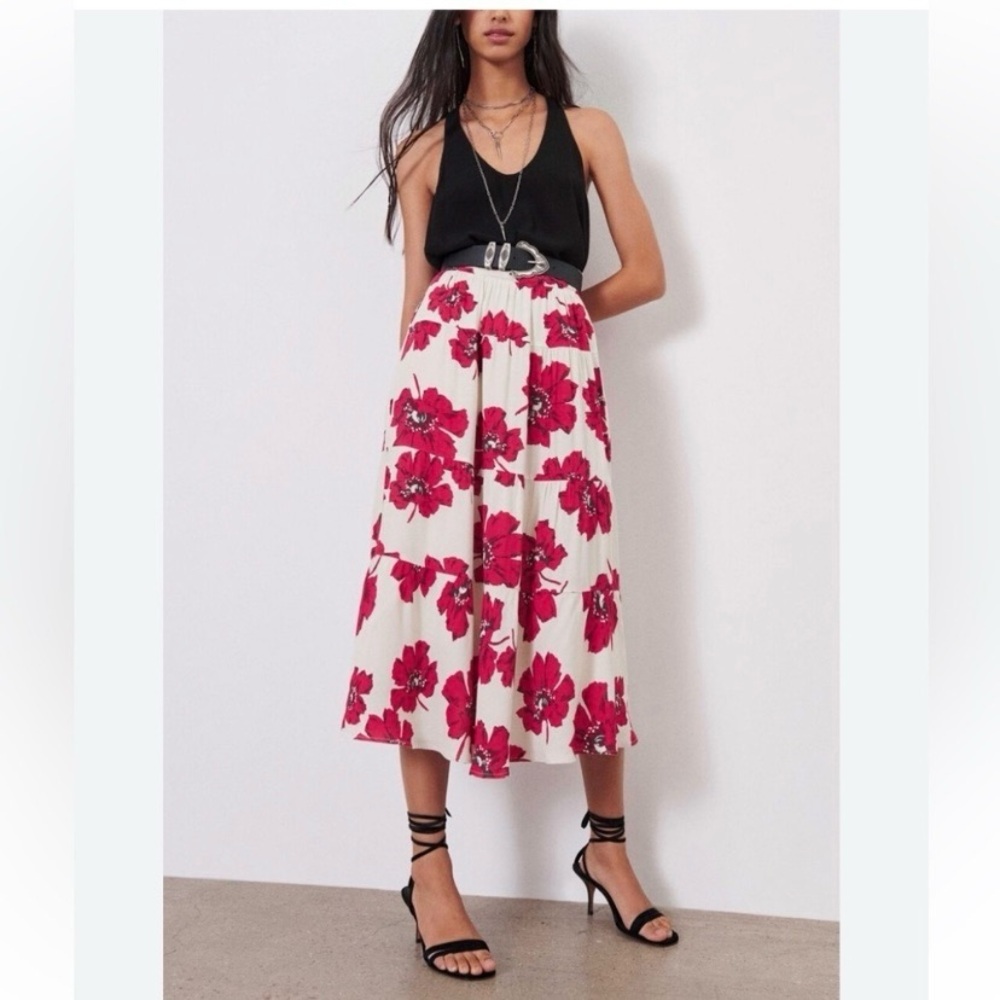 Ba&Sh Kondo Red Floral Midi Skirt Xs
